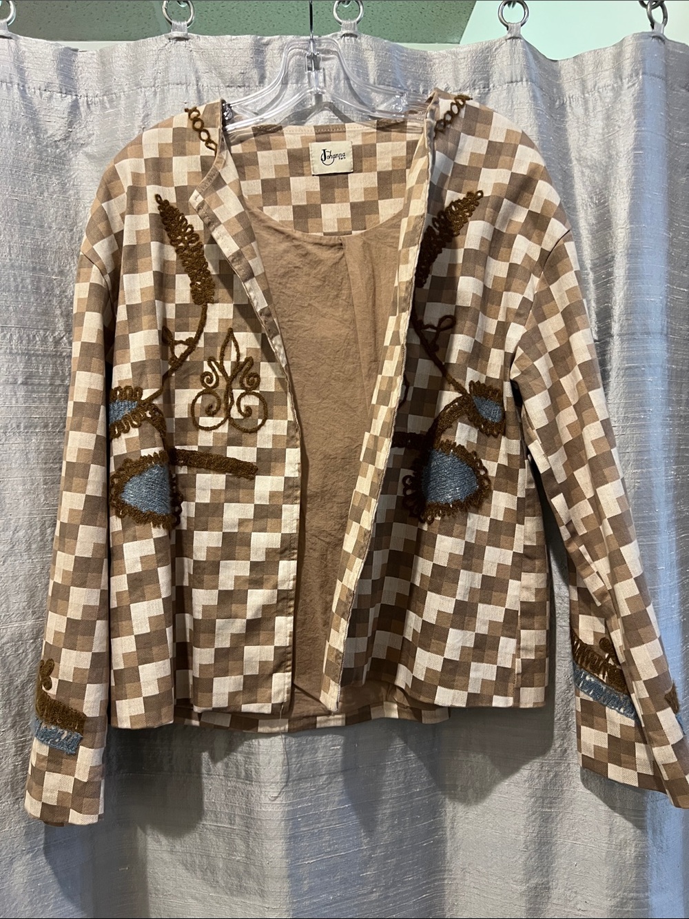 Embroidered Taupe & Cream Check Blazer